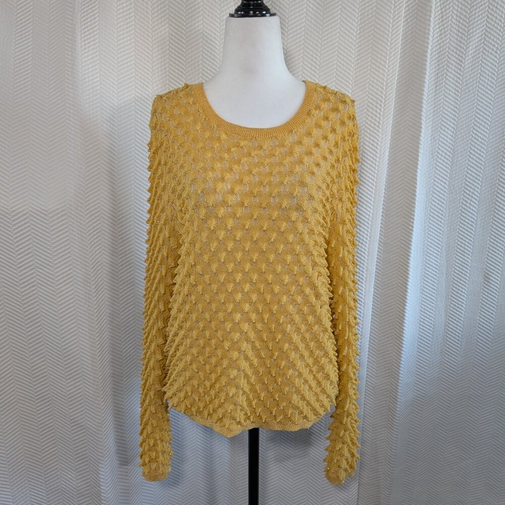 Melanie Lyne Golden Yellow Metallic Popcorn Textured Long Sleeve Top Large Mod